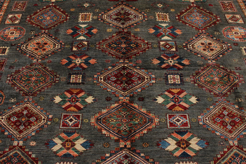 9x12 Brown and Ivory Kazak Tribal Rug