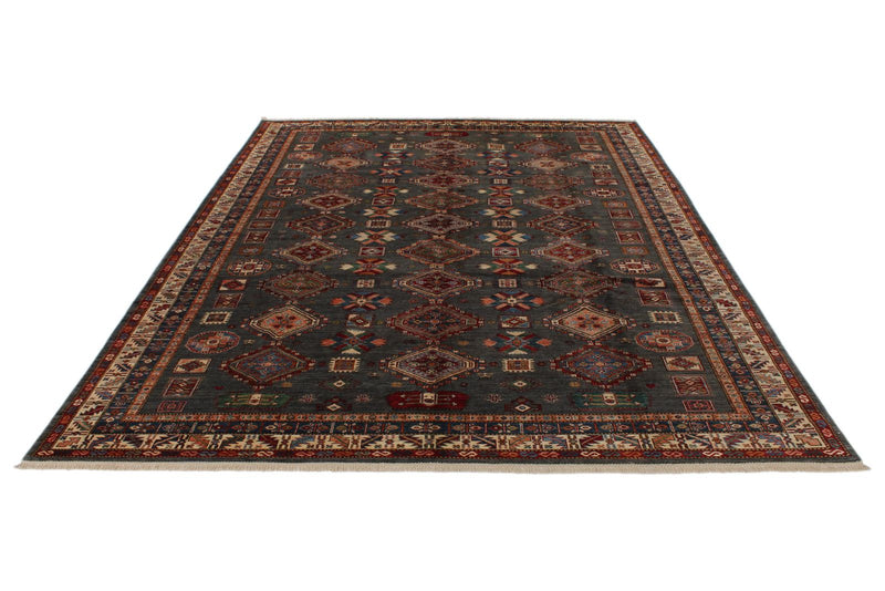 9x12 Brown and Ivory Kazak Tribal Rug