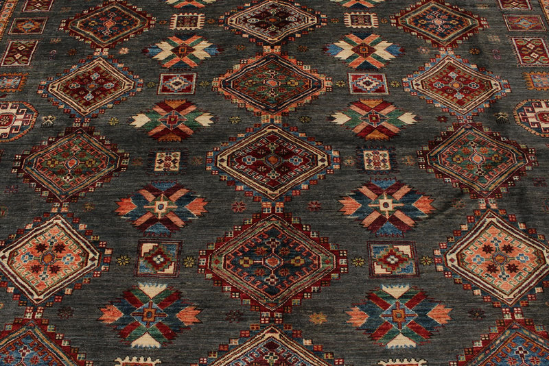 9x12 Brown and Ivory Kazak Tribal Rug