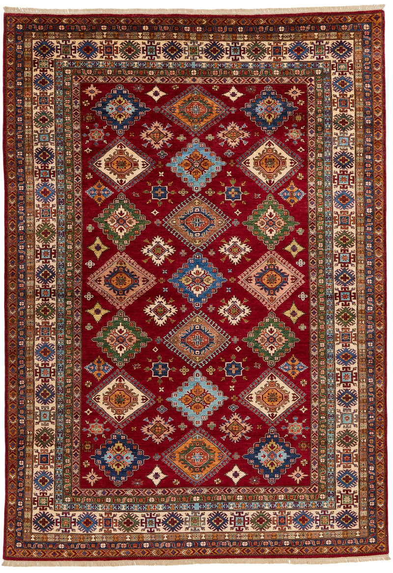 9x13 Red and Ivory Kazak Tribal Rug