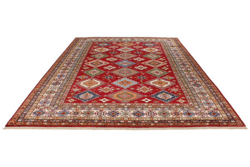 9x13 Red and Ivory Kazak Tribal Rug