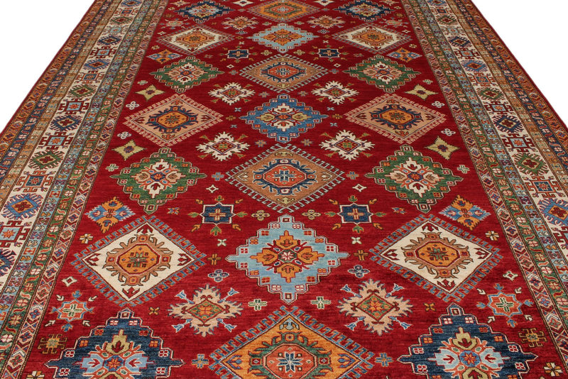 9x13 Red and Ivory Kazak Tribal Rug