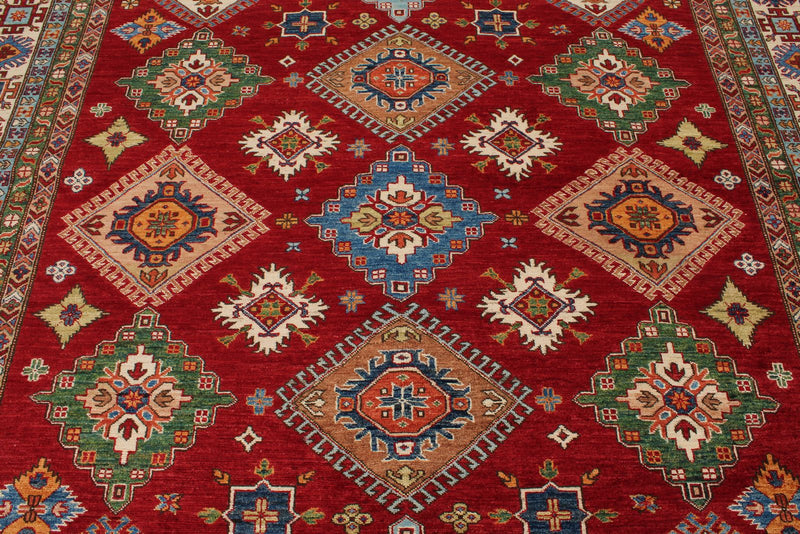 9x13 Red and Ivory Kazak Tribal Rug