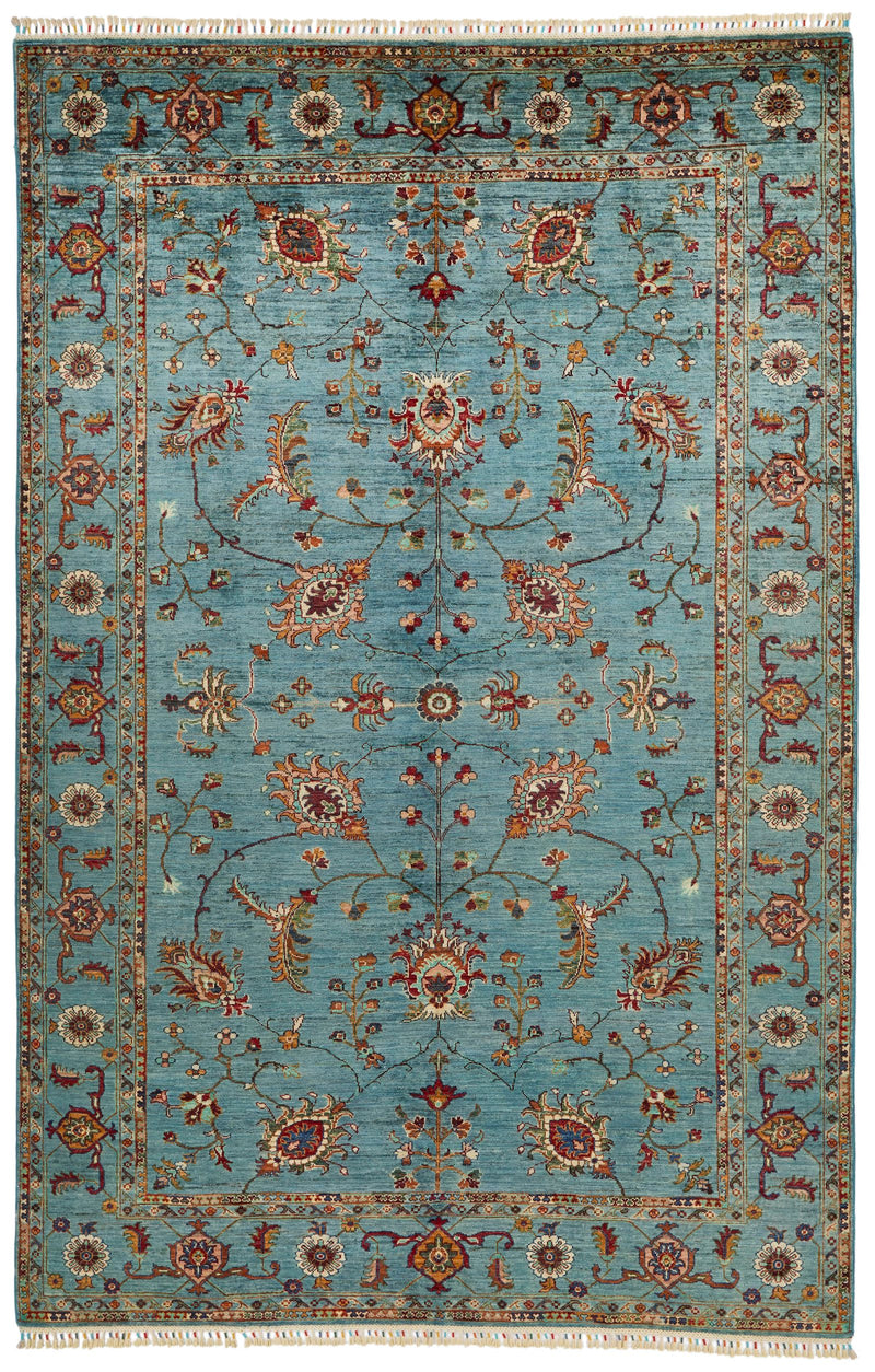 7x10 Light Blue and Multicolor Turkish Tribal Rug