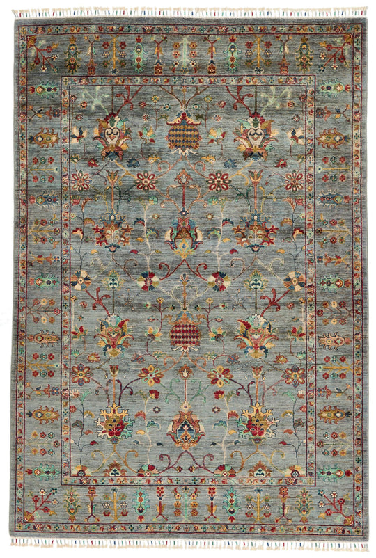 6x8 Gray and Multicolor Turkish Tribal Rug