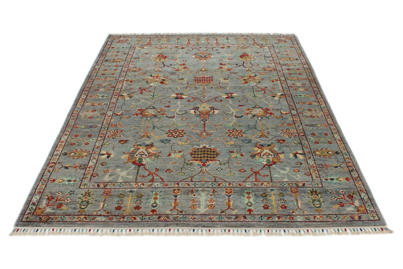 6x8 Gray and Multicolor Turkish Tribal Rug