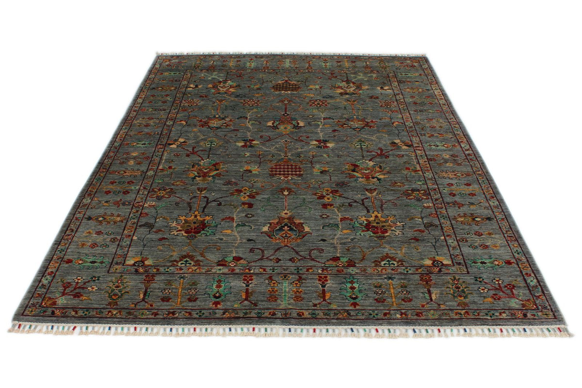 6x8 Gray and Multicolor Turkish Tribal Rug