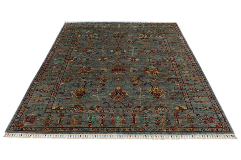 6x8 Gray and Multicolor Turkish Tribal Rug