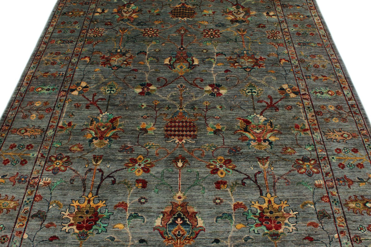 6x8 Gray and Multicolor Turkish Tribal Rug