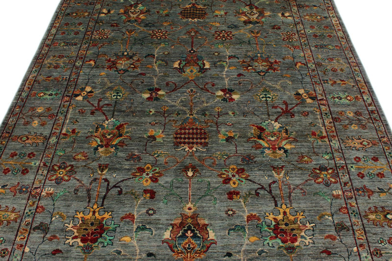 6x8 Gray and Multicolor Turkish Tribal Rug