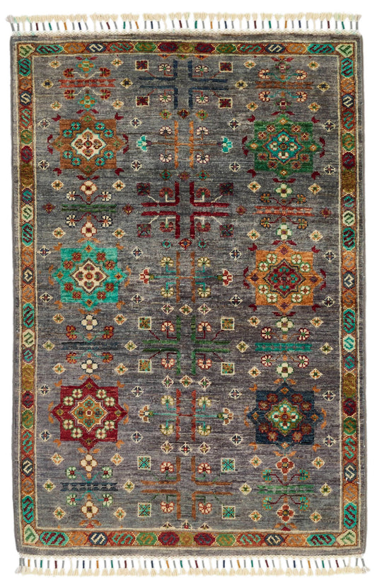 3x4 Gray and Multicolor Anatolian Tribal Rug