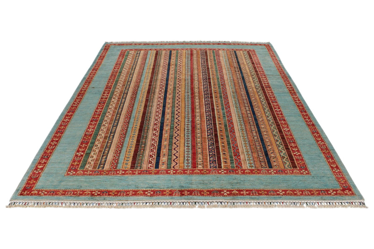 7x10 Multicolor and Light Blue Turkish Tribal Rug