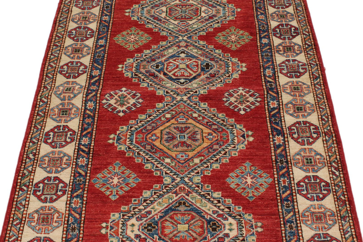 3x7 Red and Ivory Kazak Tribal Runner