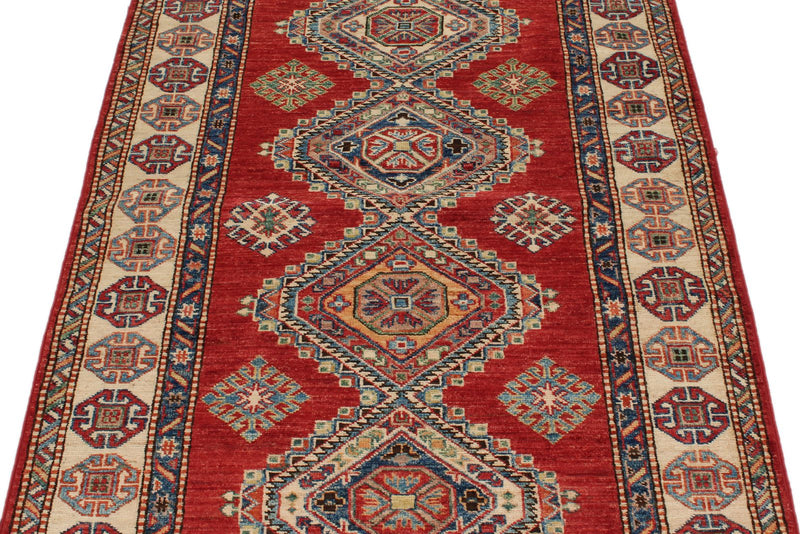 3x7 Red and Ivory Kazak Tribal Runner