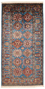 3x6 Light Blue and Multicolor Kazak Tribal Runner