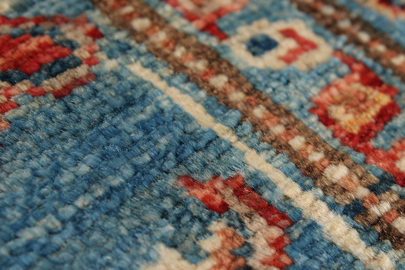 3x6 Light Blue and Multicolor Kazak Tribal Runner