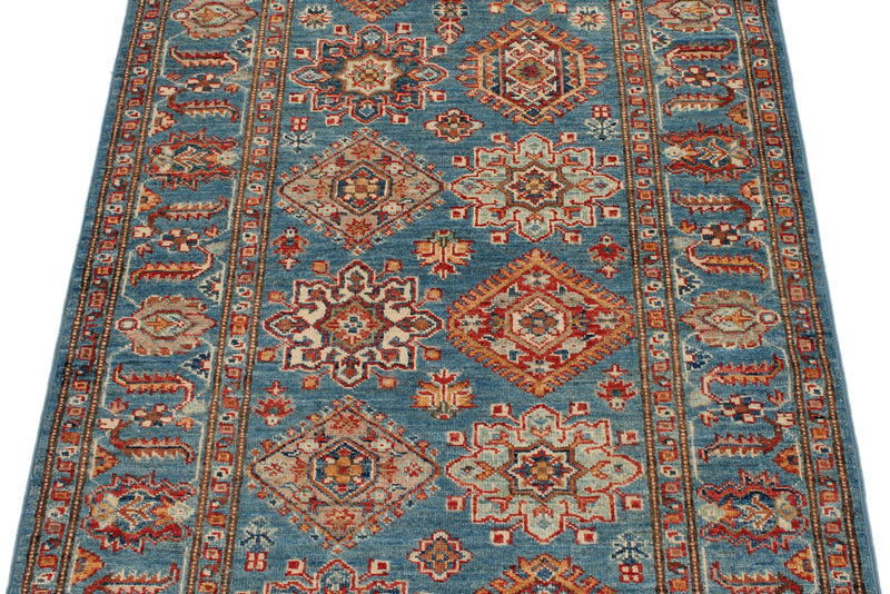 3x6 Light Blue and Multicolor Kazak Tribal Runner