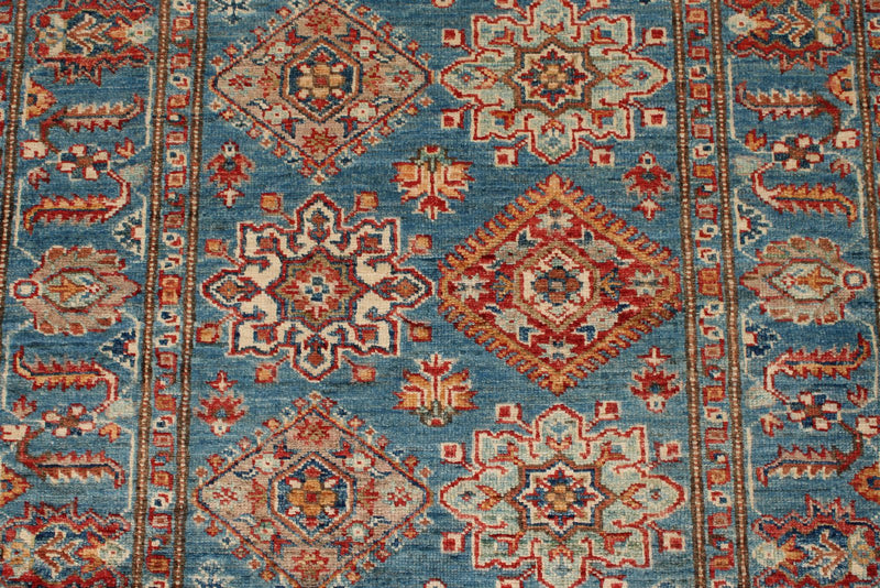 3x6 Light Blue and Multicolor Kazak Tribal Runner