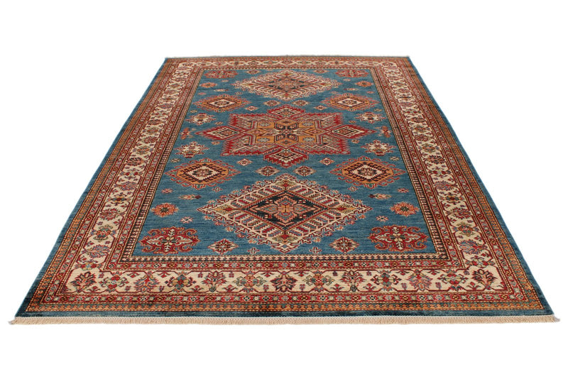 7x10 Light Blue and Ivory Kazak Tribal Rug