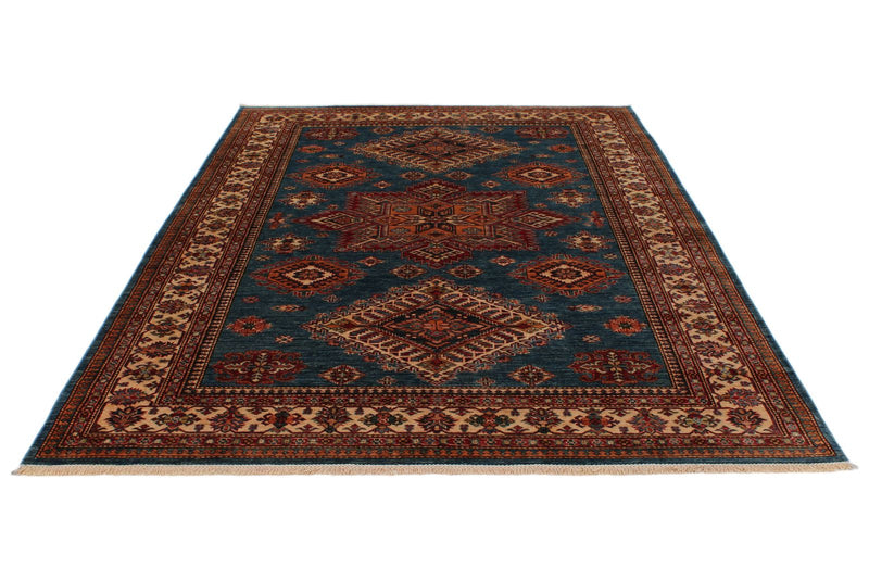 7x10 Light Blue and Ivory Kazak Tribal Rug