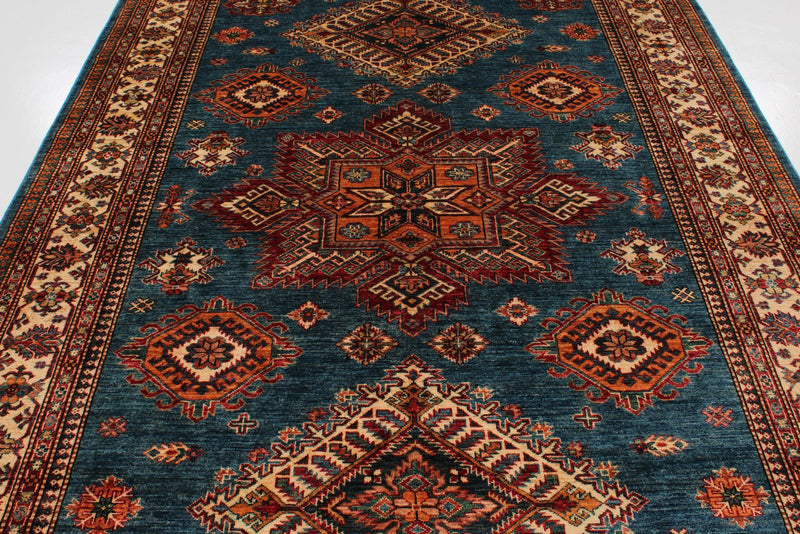 7x10 Light Blue and Ivory Kazak Tribal Rug