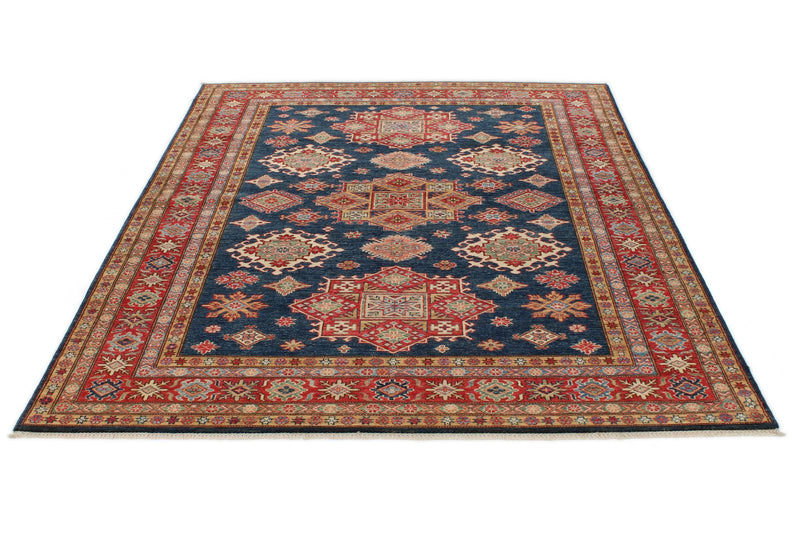 6x8 Navy and Red Kazak Tribal Rug