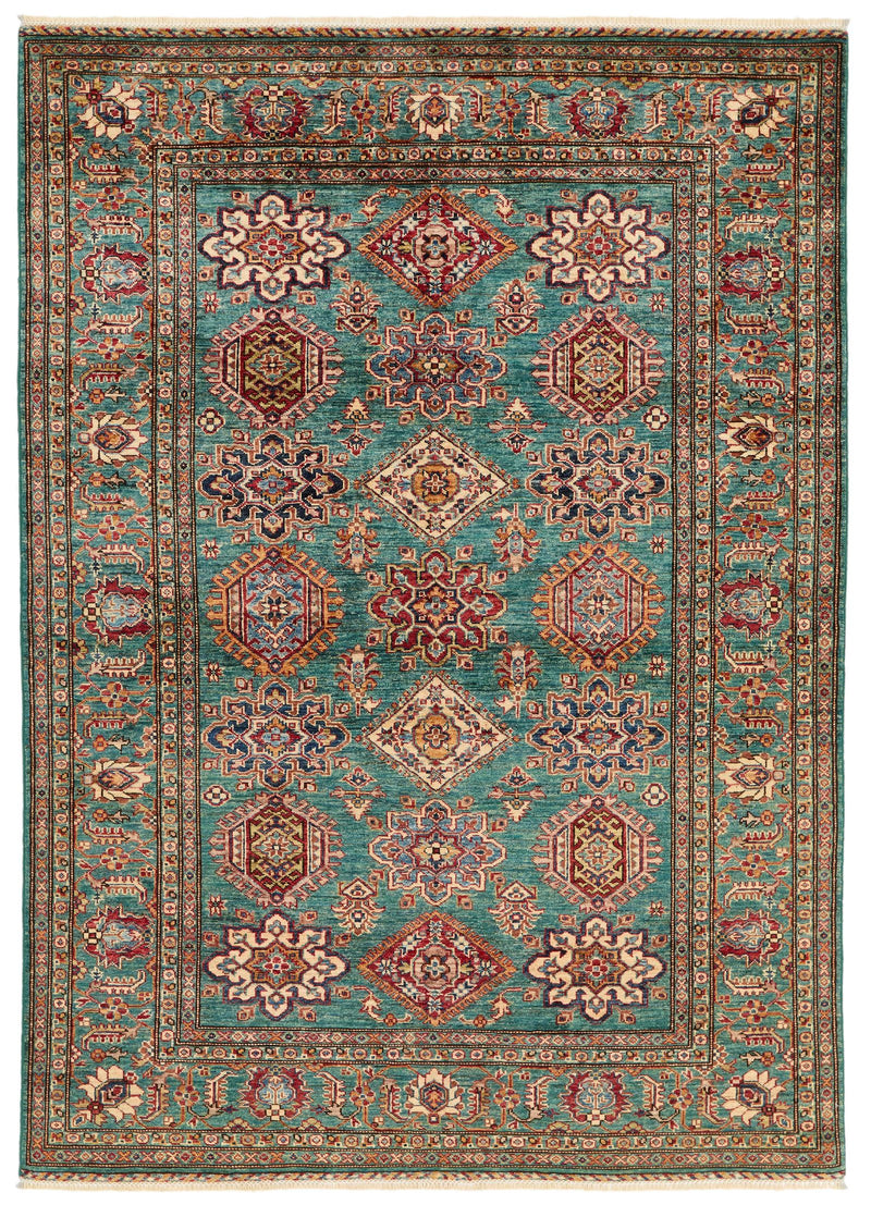 6x8 Green and Multicolor Kazak Tribal Rug