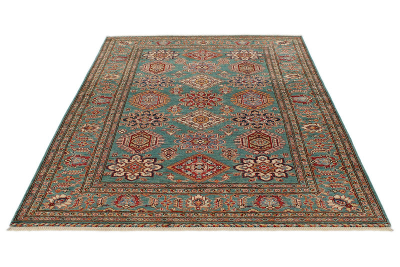 6x8 Green and Multicolor Kazak Tribal Rug