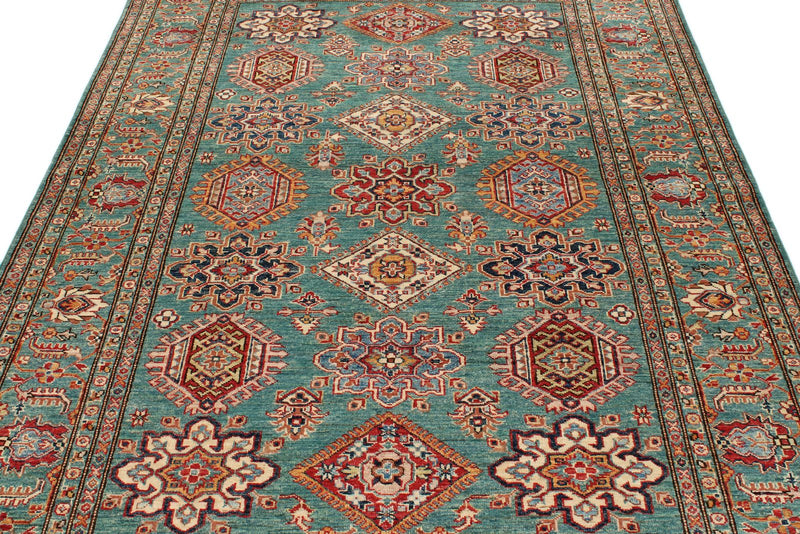 6x8 Green and Multicolor Kazak Tribal Rug