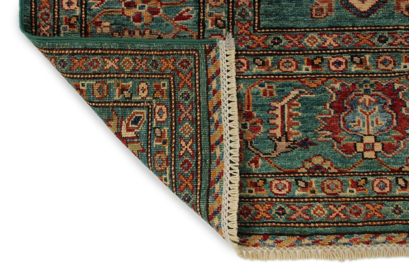 6x8 Green and Multicolor Kazak Tribal Rug