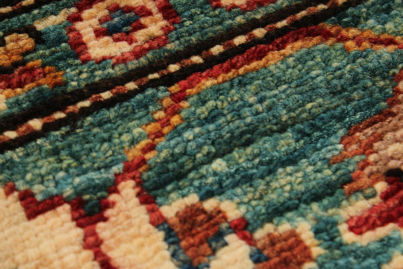 6x8 Green and Multicolor Kazak Tribal Rug
