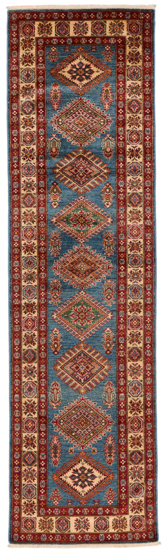 3x10 Light Blue and Ivory Kazak Tribal Runner