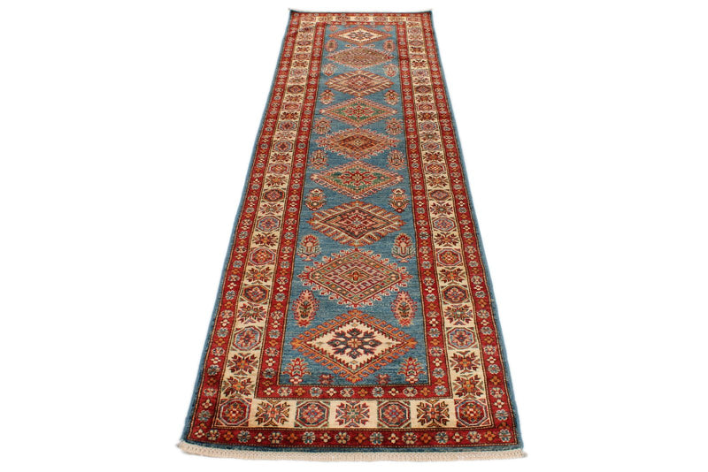 3x10 Light Blue and Ivory Kazak Tribal Runner
