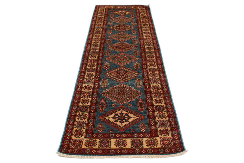 3x10 Light Blue and Ivory Kazak Tribal Runner