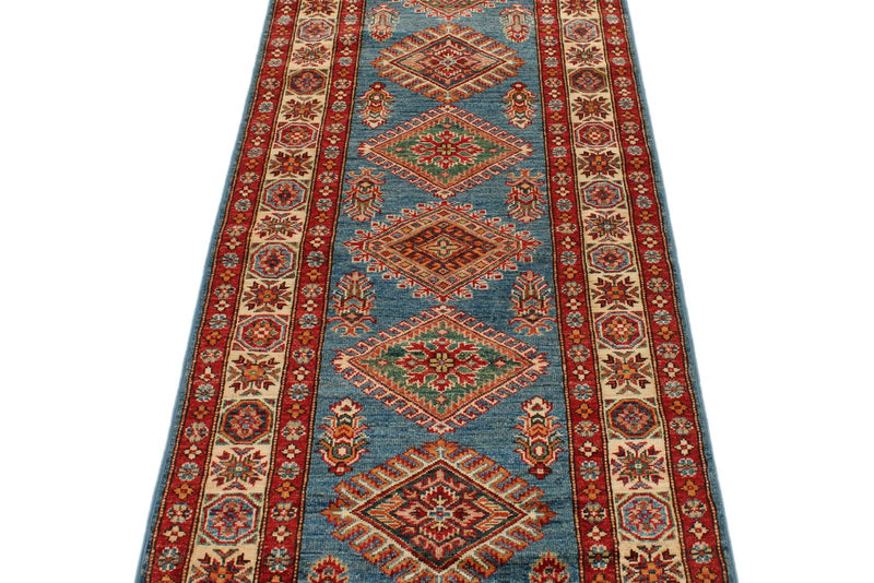 3x10 Light Blue and Ivory Kazak Tribal Runner