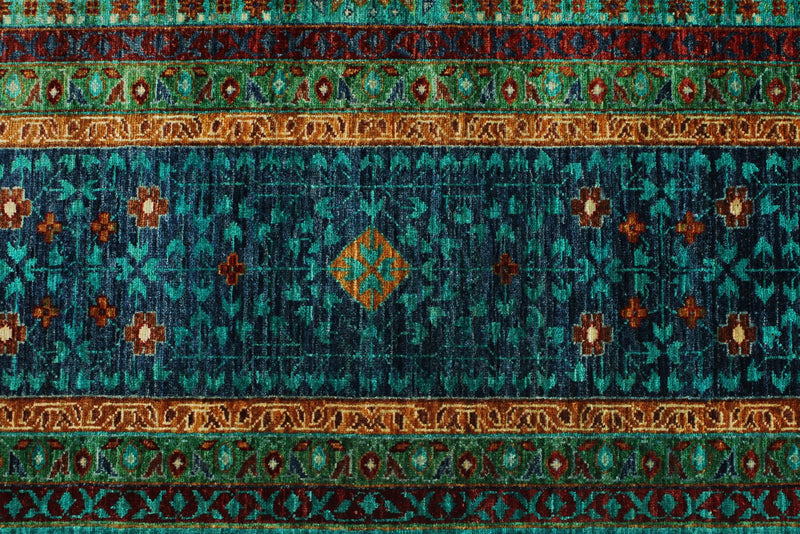 9x12 Turquoıse and Navy Turkish Tribal Rug