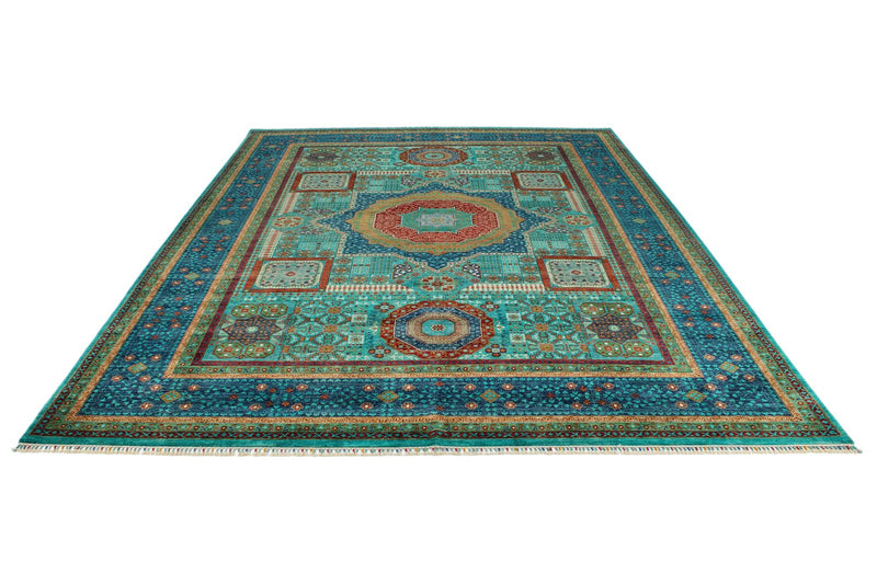 9x12 Turquoıse and Navy Turkish Tribal Rug