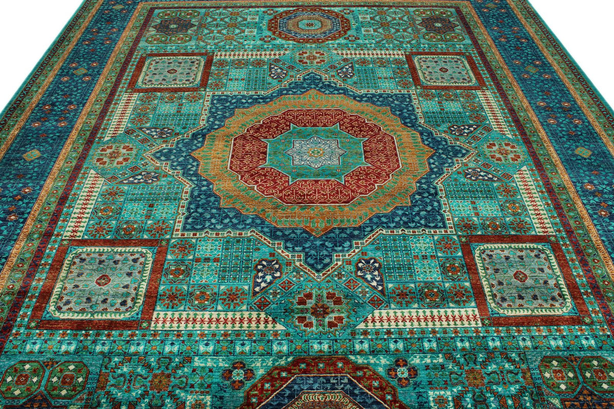 9x12 Turquoıse and Navy Turkish Tribal Rug