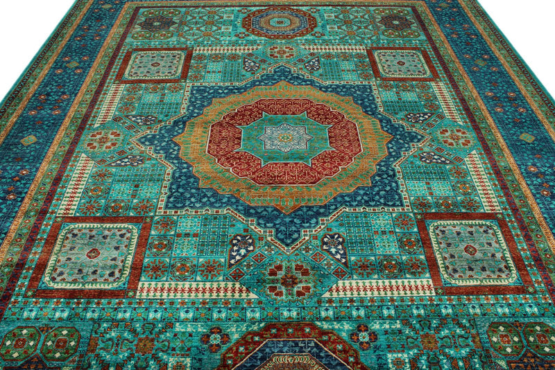 9x12 Turquoıse and Navy Turkish Tribal Rug