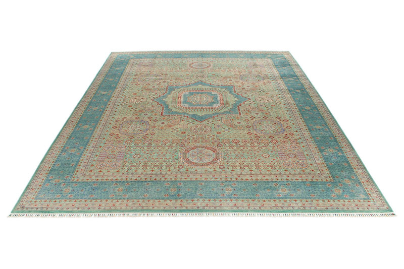 10x13 Light Green and Blue Turkish Tribal Rug