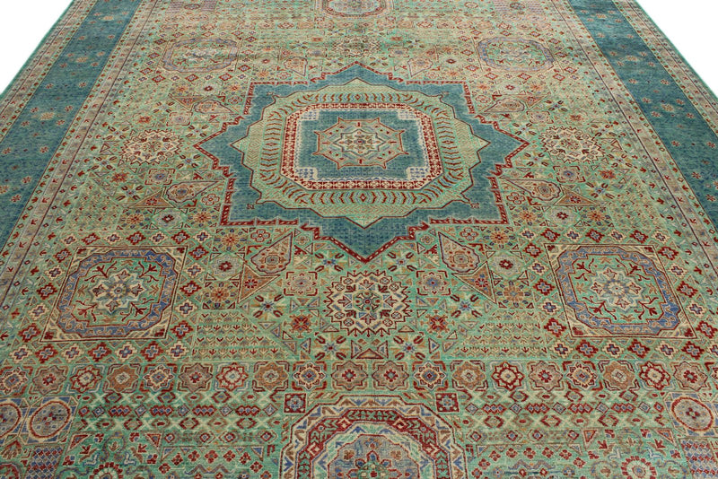 10x13 Light Green and Blue Turkish Tribal Rug