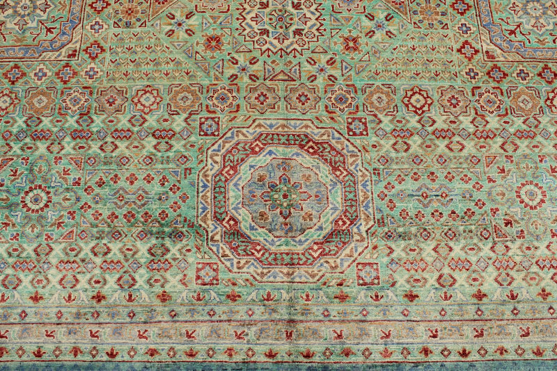 10x13 Light Green and Blue Turkish Tribal Rug