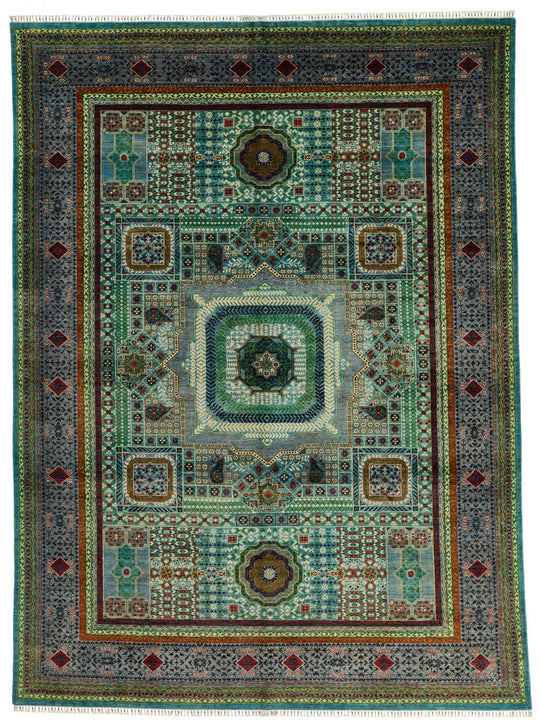 10x13 Green and Gray Turkish Tribal Rug