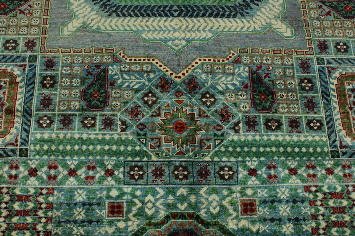 10x13 Green and Gray Turkish Tribal Rug