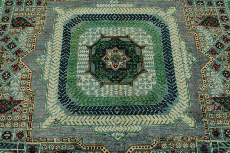 10x13 Green and Gray Turkish Tribal Rug