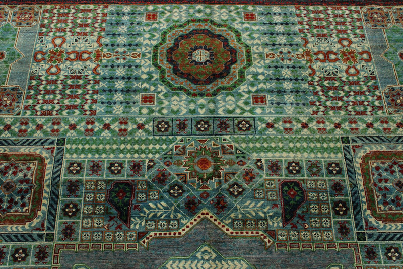 10x13 Green and Gray Turkish Tribal Rug