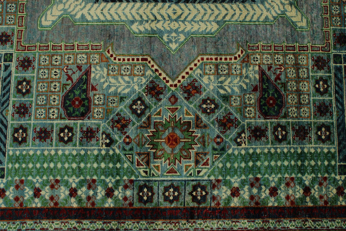 10x13 Green and Gray Turkish Tribal Rug