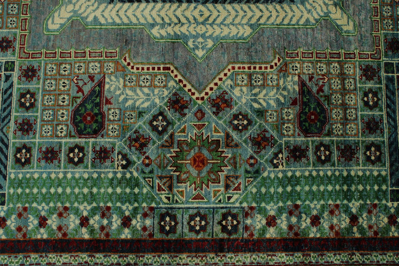 10x13 Green and Gray Turkish Tribal Rug