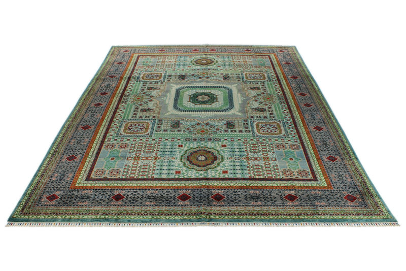 10x13 Green and Gray Turkish Tribal Rug