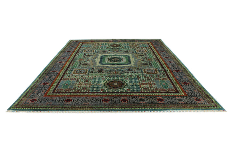 10x13 Green and Gray Turkish Tribal Rug